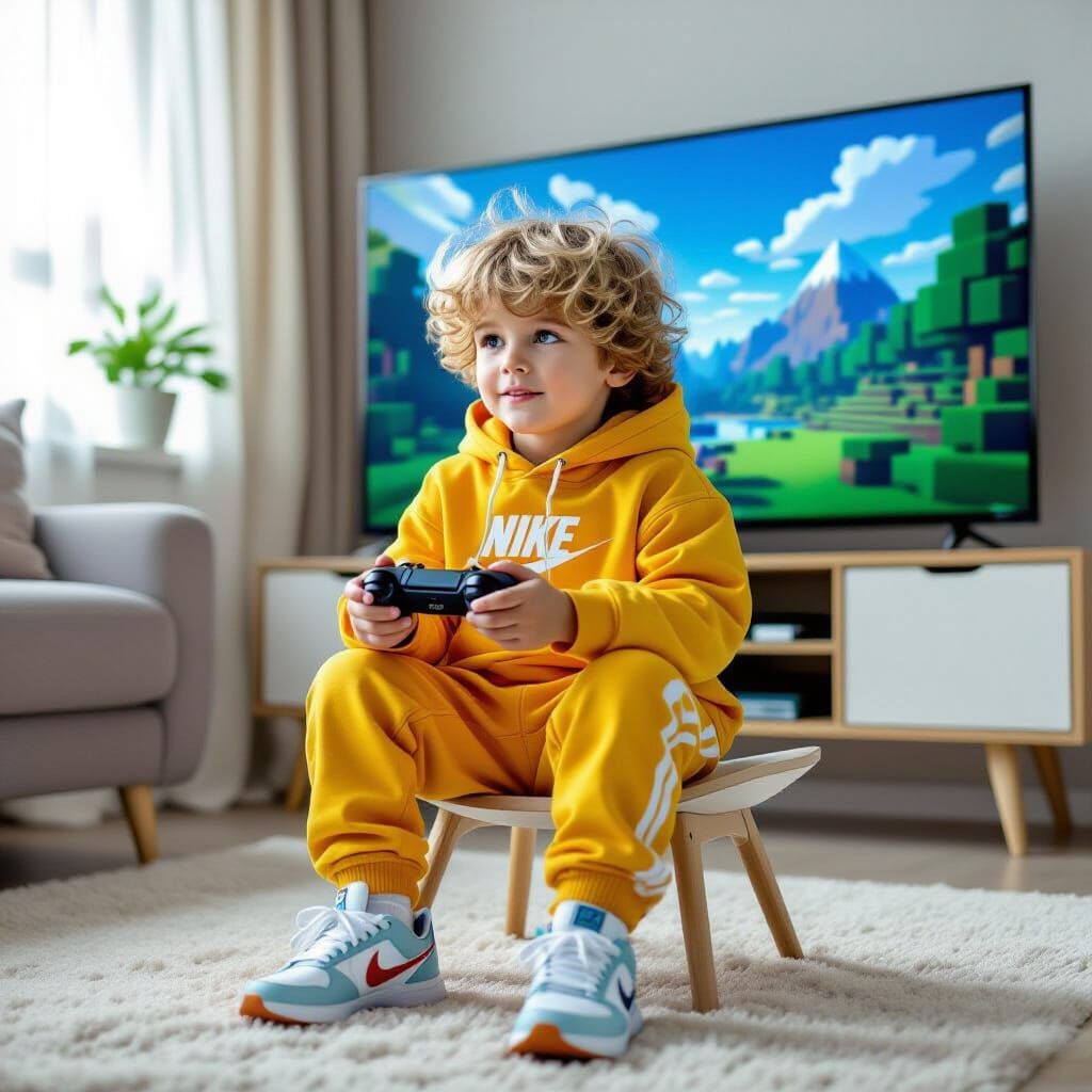 Boy Plays Minecraft in Modern Living Room