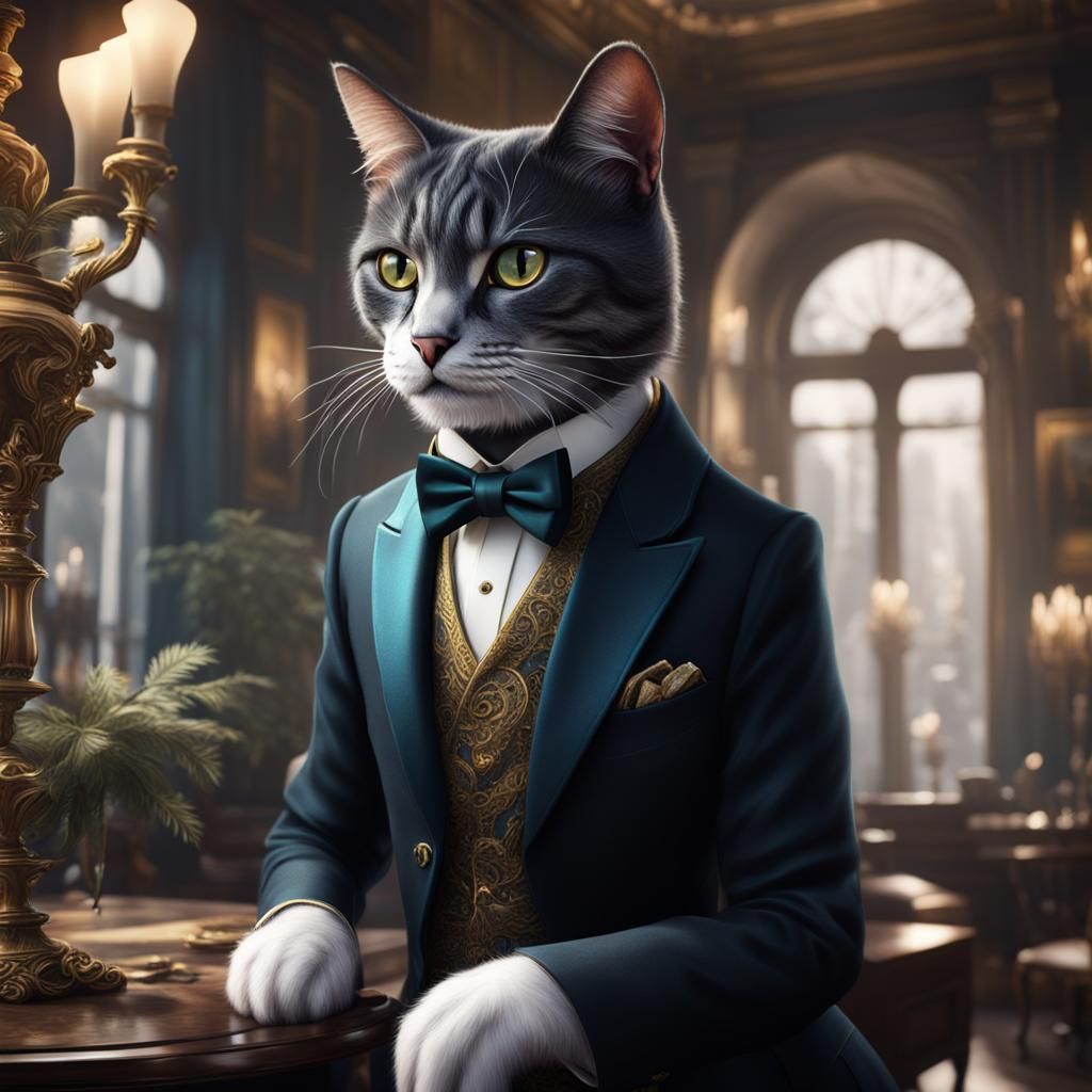 Dapper Cat in Tuxedo: Detailed Matte Painting