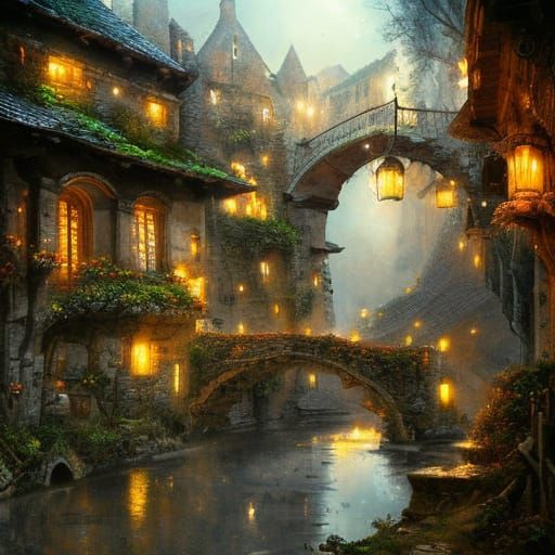Medieval French Village Lanterns at Night: Fantasycore Artwo...