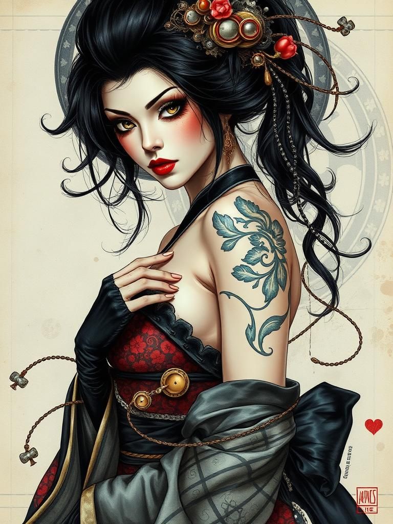 Steampunk Geisha in Alcohol Ink Style