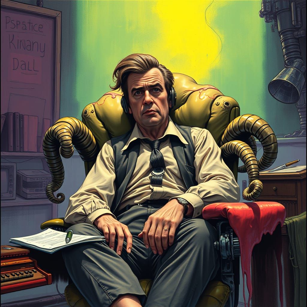 Surreal Biomechanical Office Scene in Dreamlike Style