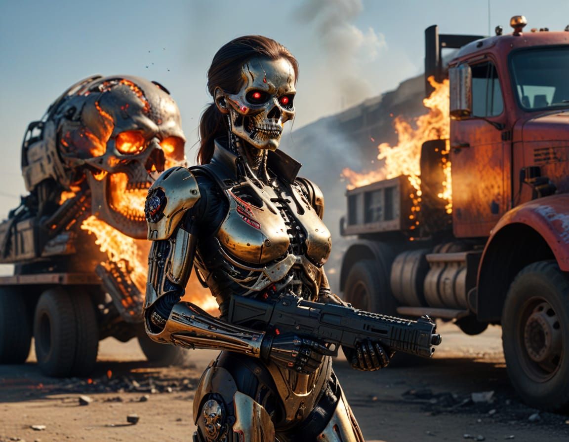 Hyper-Realistic Terminator Woman with Burning Truck
