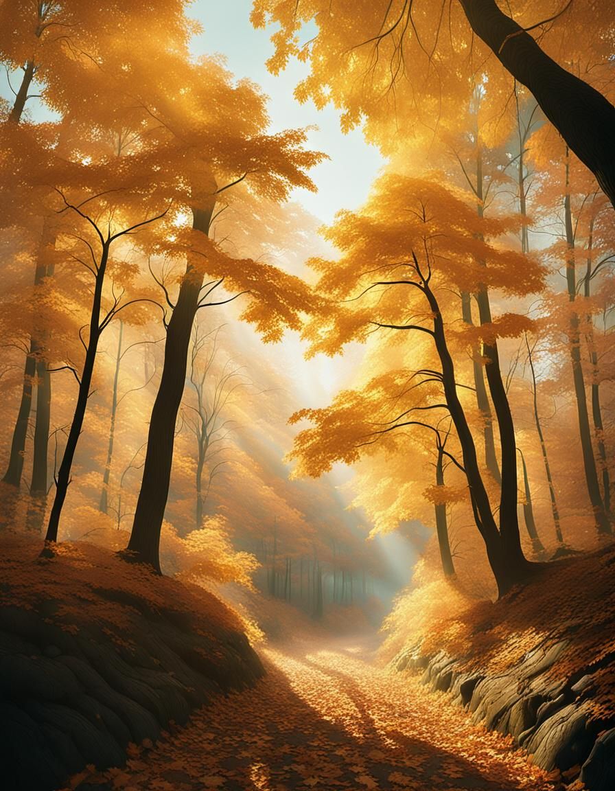 Cinematic Autumn Scene: Golden Leaves in the Wind