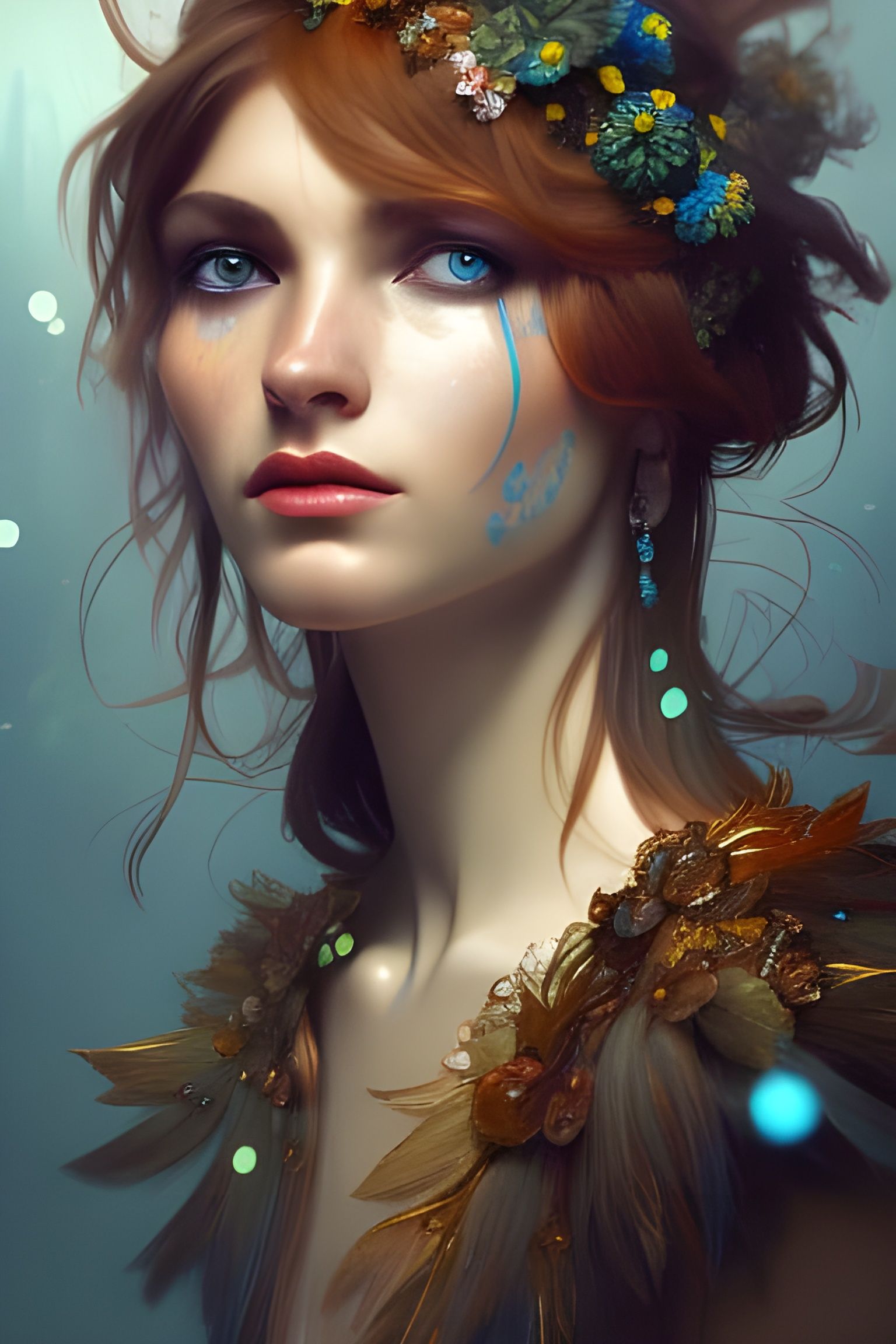 Ethereal Elf Portrait with Flowers in Fantasy Art Style