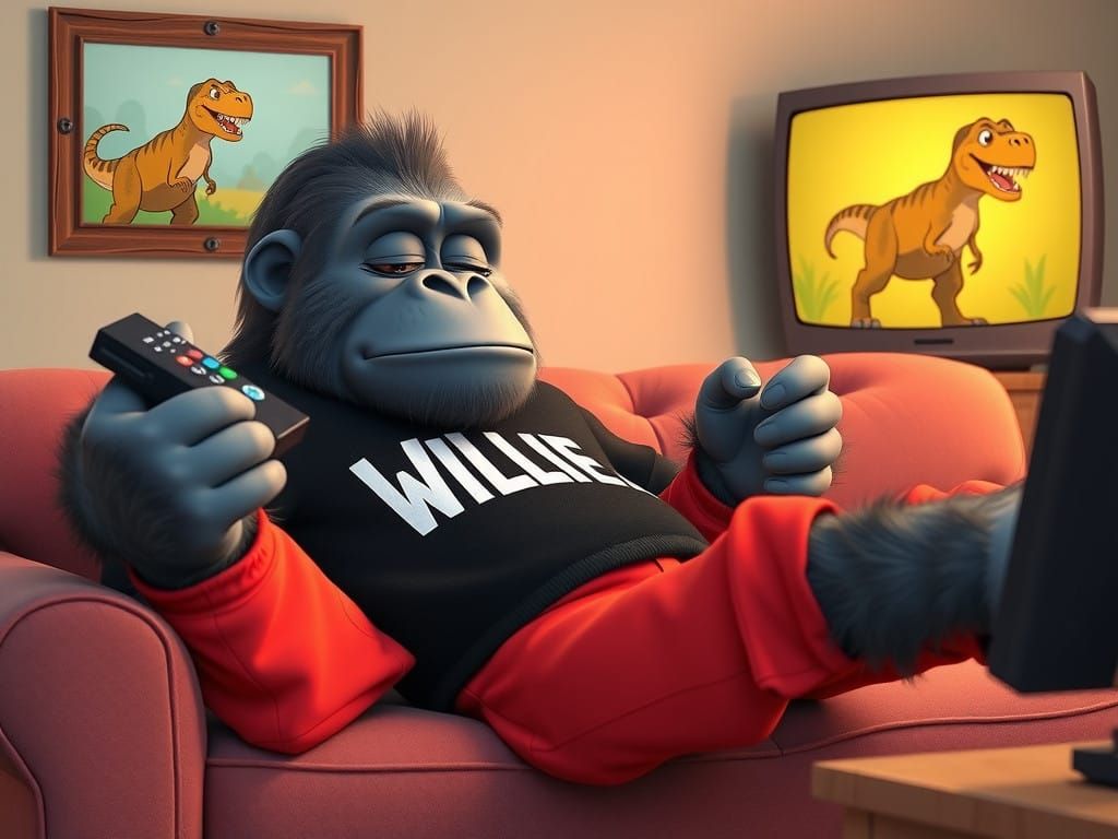 Lovable Gorilla Watches TV in Cozy Cartoon Scene