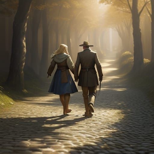 Realistic Concept Art: Bare Feet on Cobblestone Path at Gold...