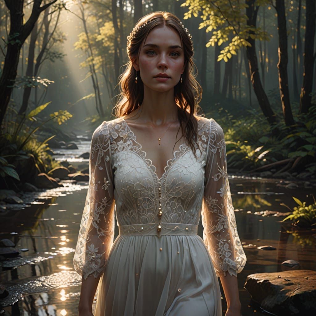 Girl in White Dress by Stream: 3D Double Exposure