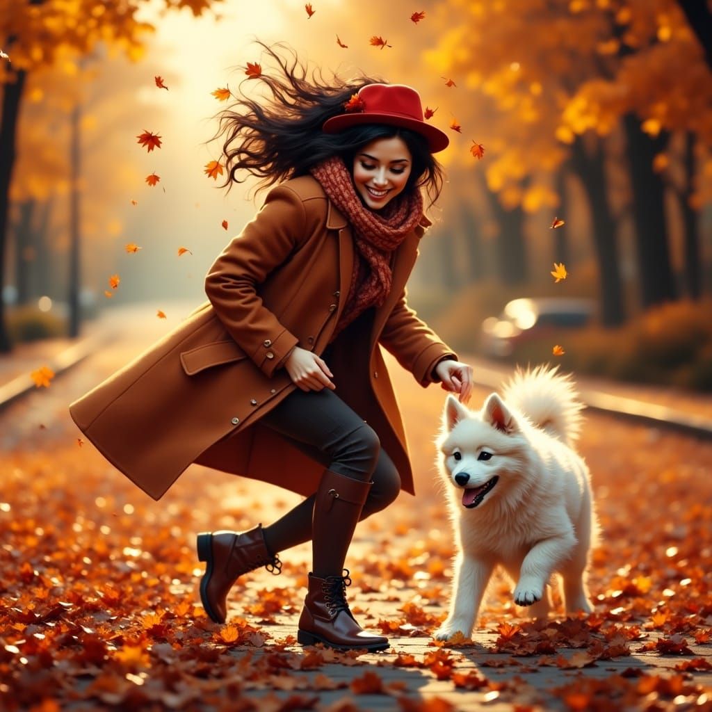 Autumn Serenity: Woman and Dog in Fall Landscape