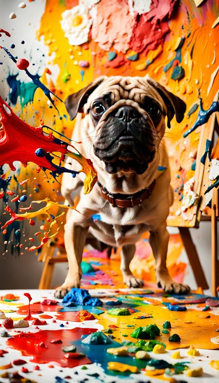 Pug Photobombs Abstract Expressionist Painting Studio