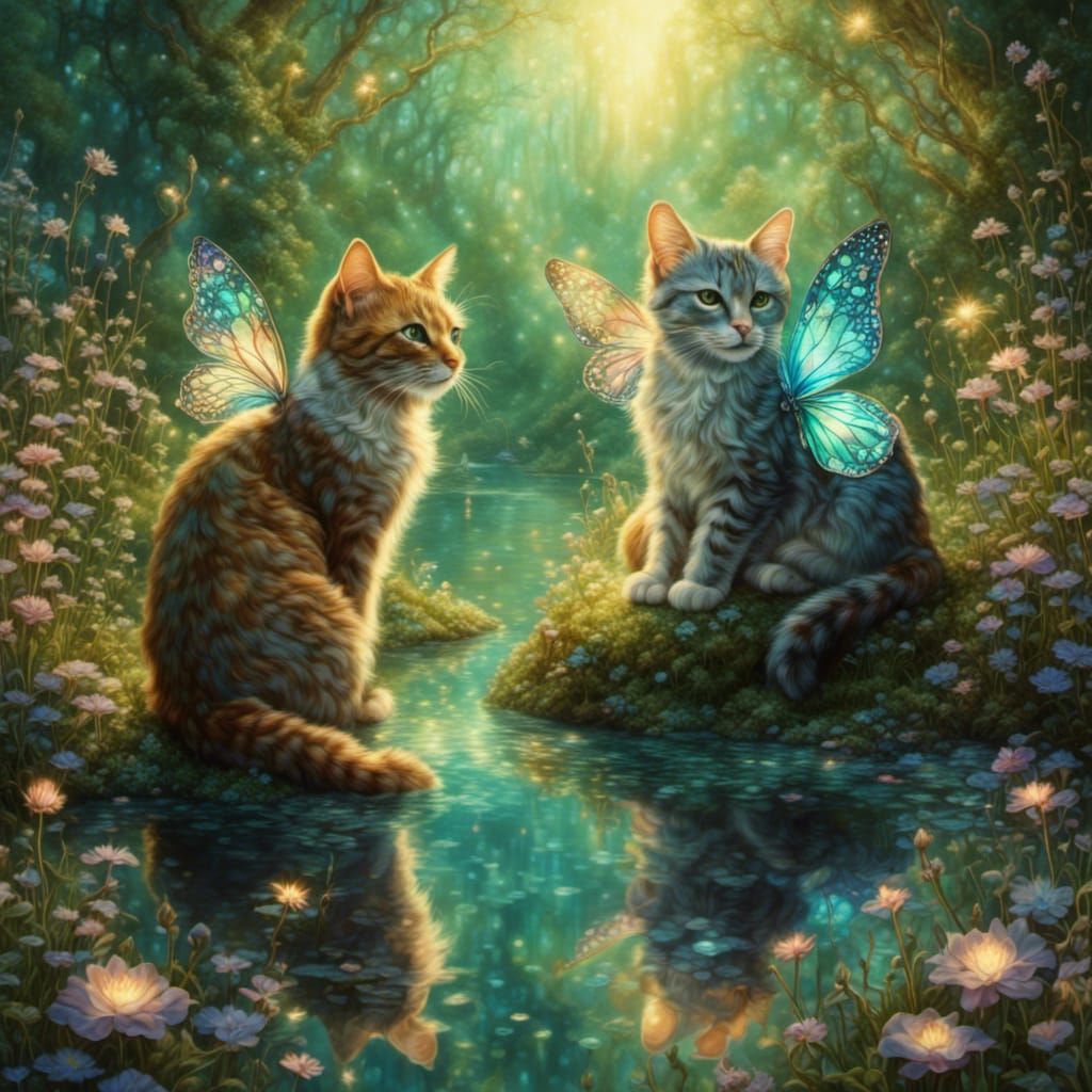 Ethereal Cat Fairies in Radiant Iridescent Style