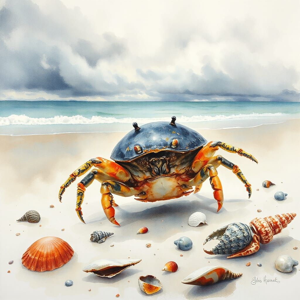 Horseshoe Crab on Cloudy Beach in Watercolor Style