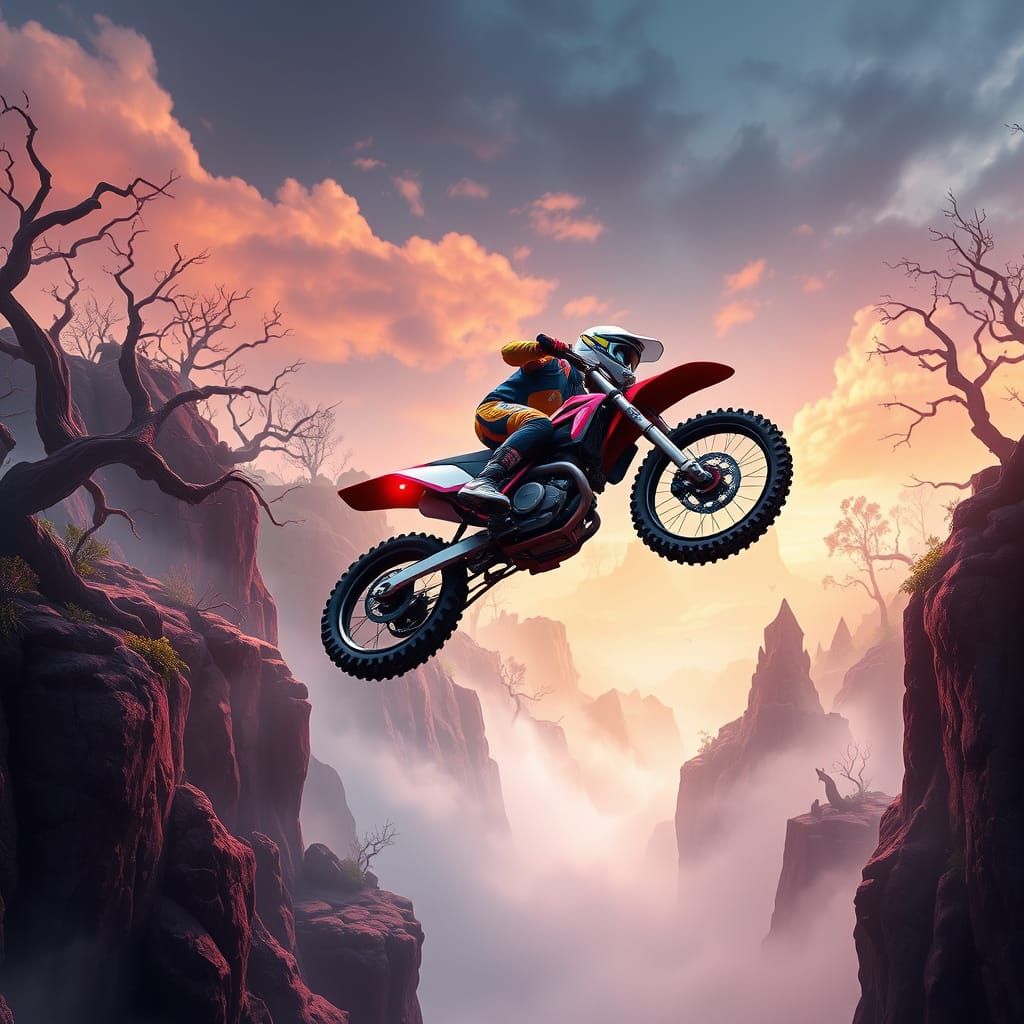 Fearless Motocross Rider Jumps Through Fiery Fantasy Landsca...