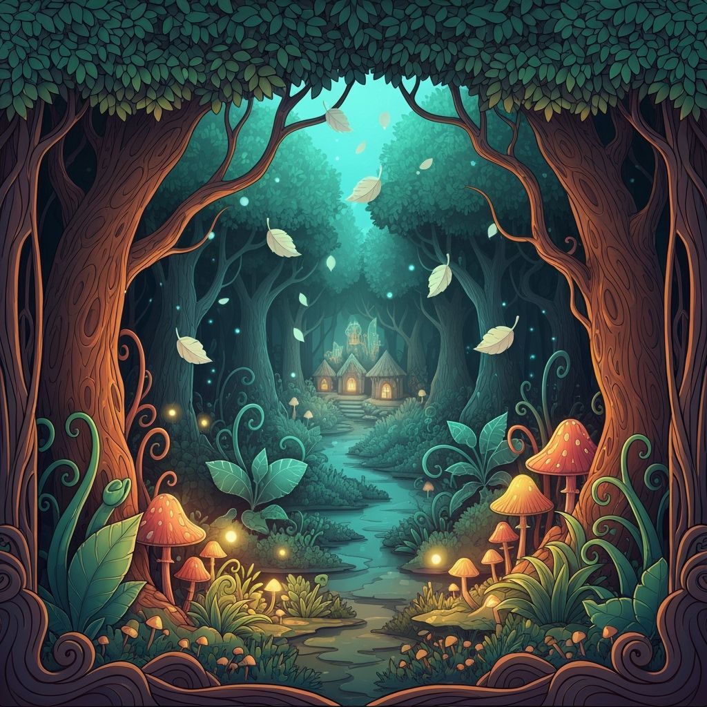 Enchanted Miniature Forest Diorama in Ornate Lineart Style