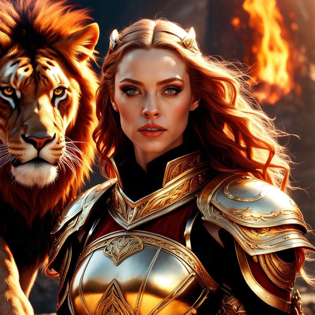 Fire Maiden in Flaming Armor Under Scorching Sun