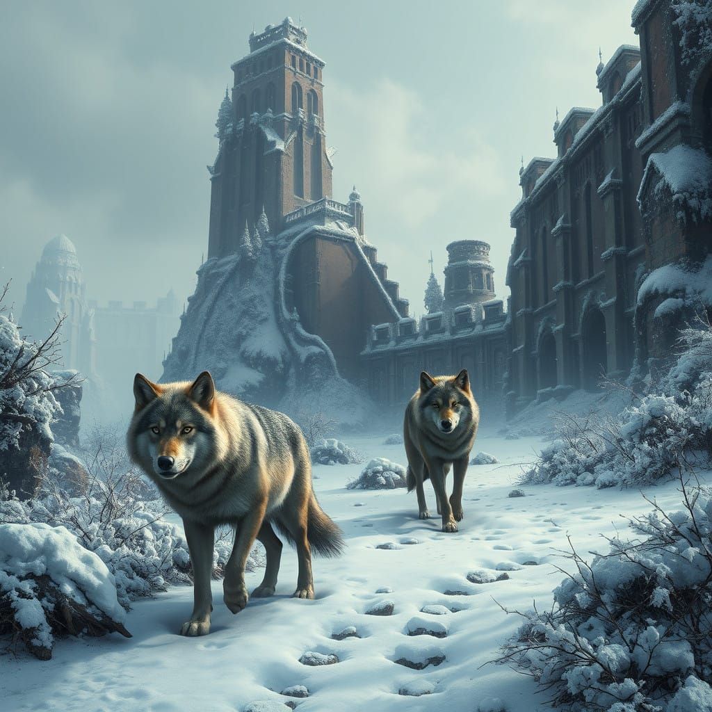 Snow-Encrusted Ruins with Majestic Wolves