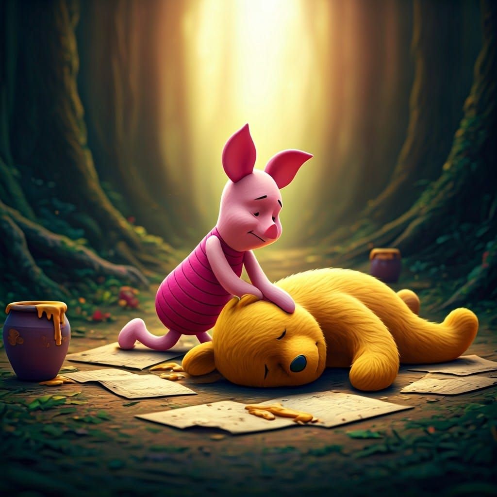 Piglet's Grief: Pooh Bear's Farewell in 3D Art