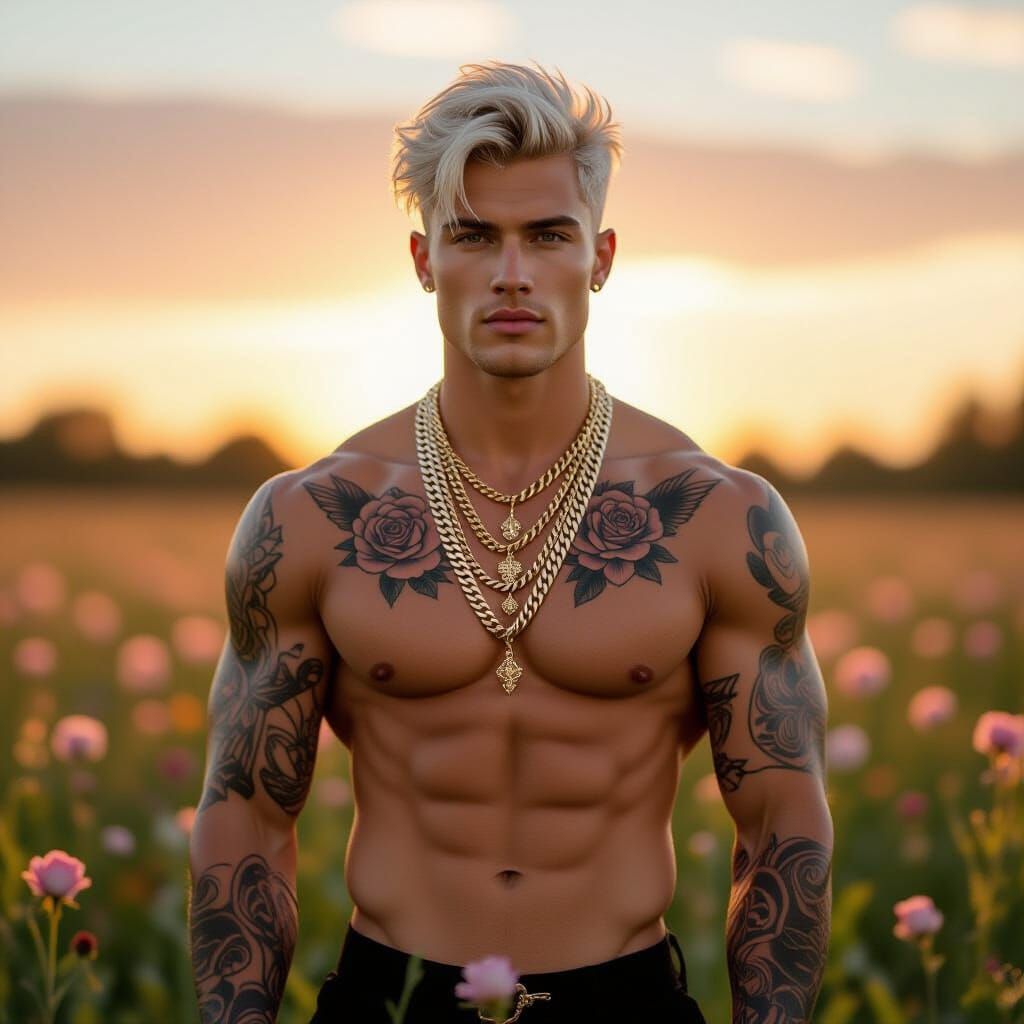 Muscular Model in Pastel Flower Meadow, Digital Art