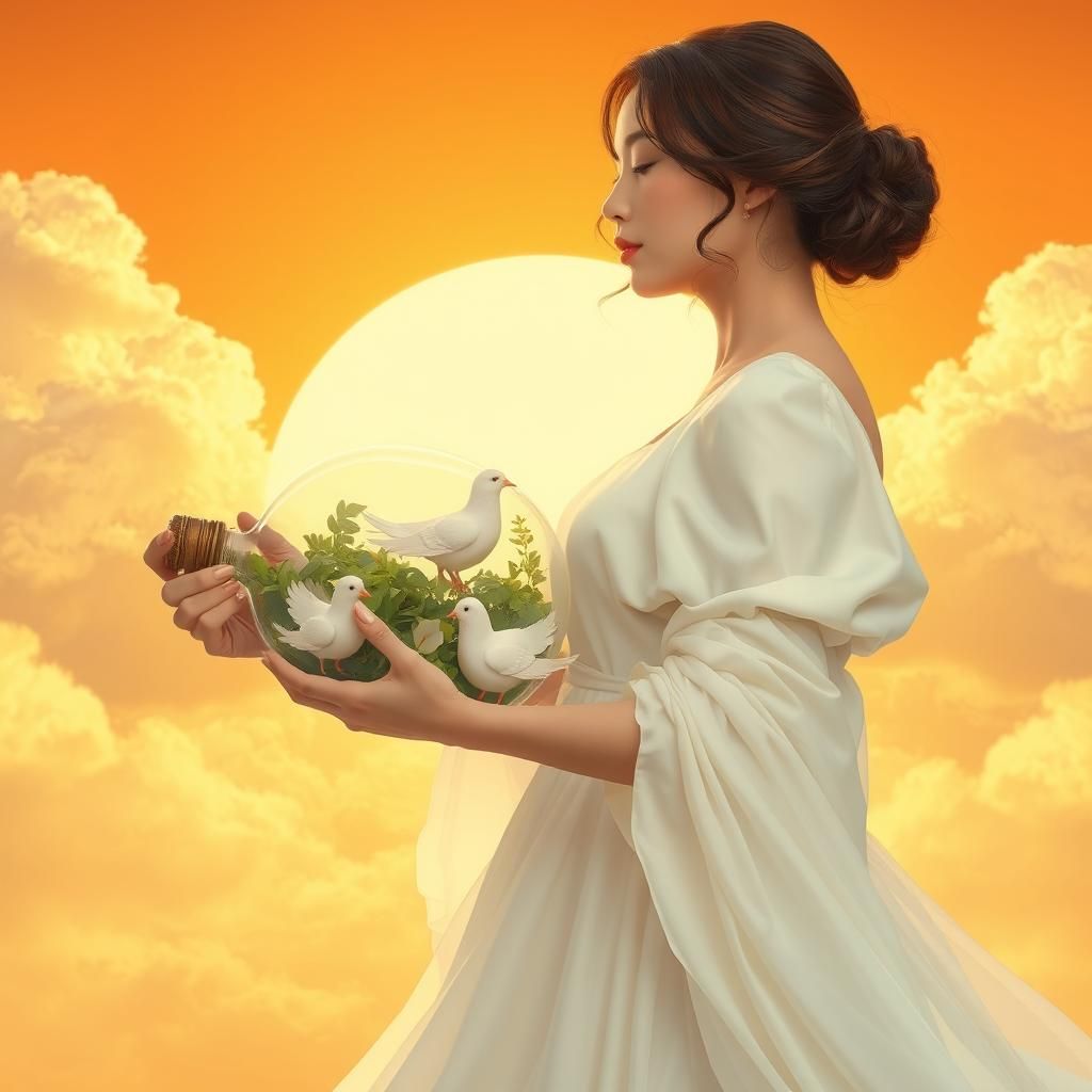Woman with Doves in Bottle: Dreamlike Pastel Art