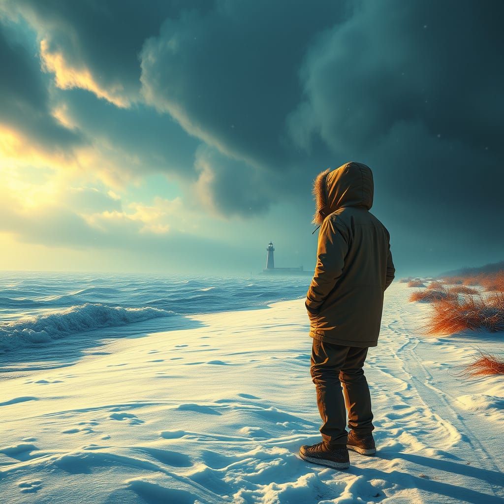 Winter Storm on Lake Erie in Vibrant Pop-Art Style