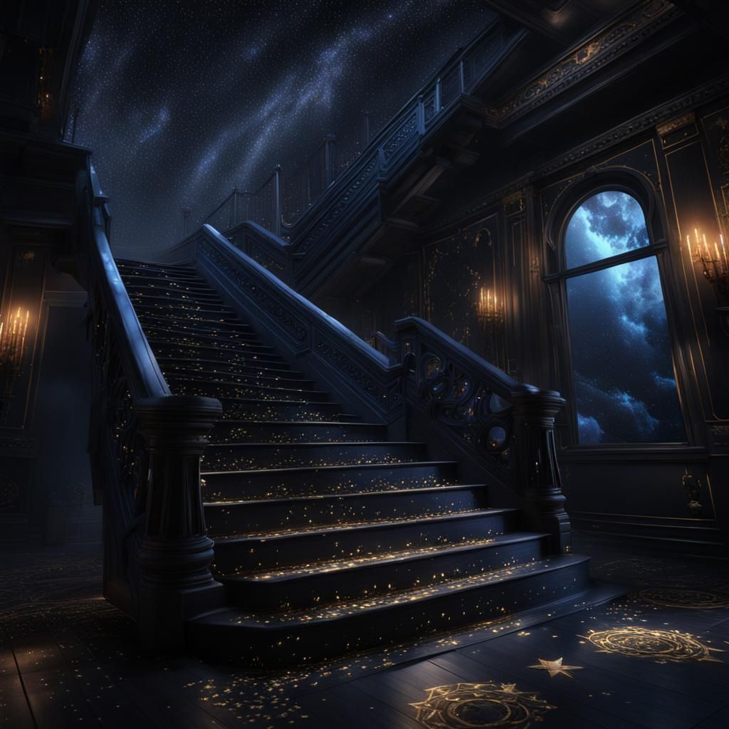 Stars Painted on Stairs in a Black Room