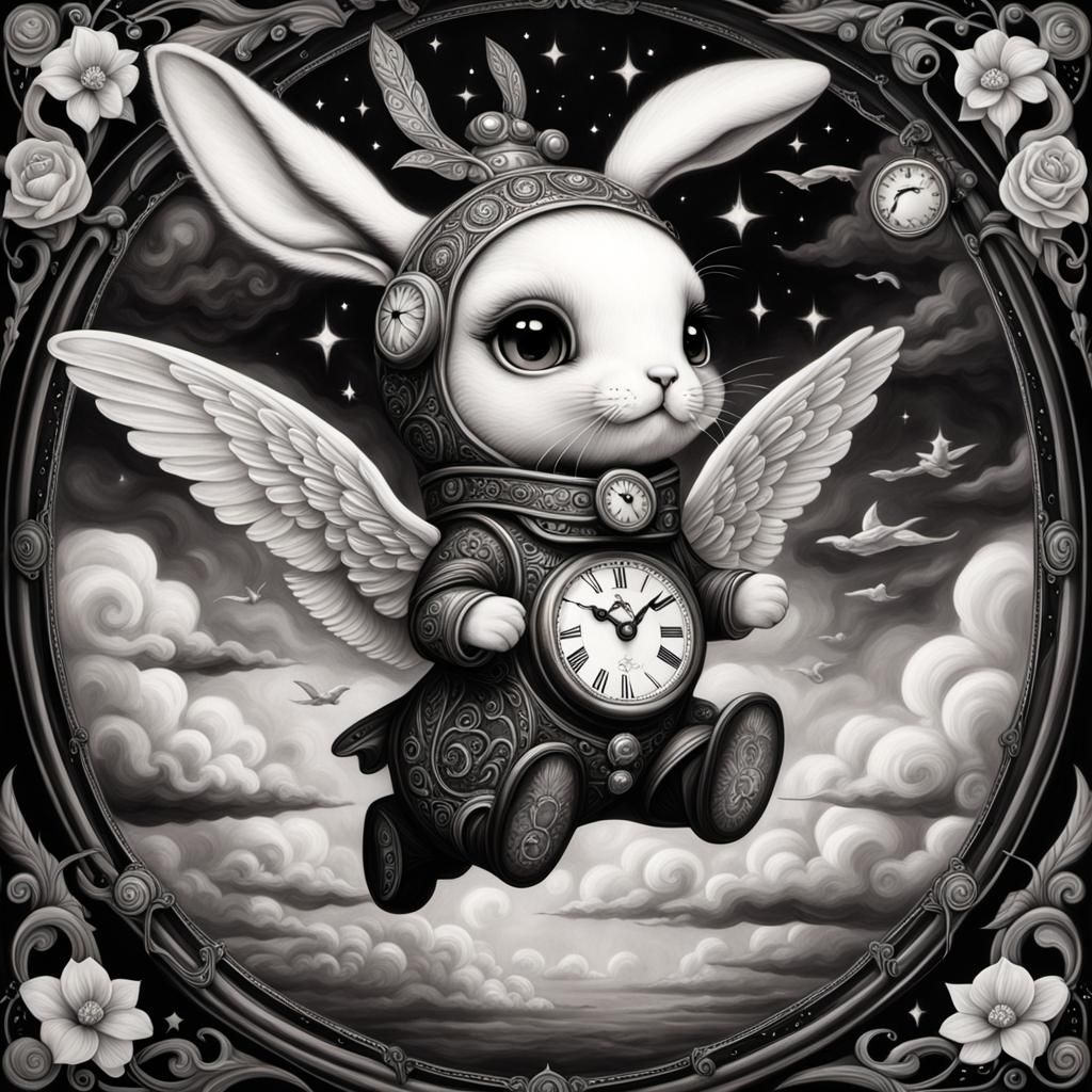 Clockpunk Rabbit Soaring: Black and White Art Nouveau