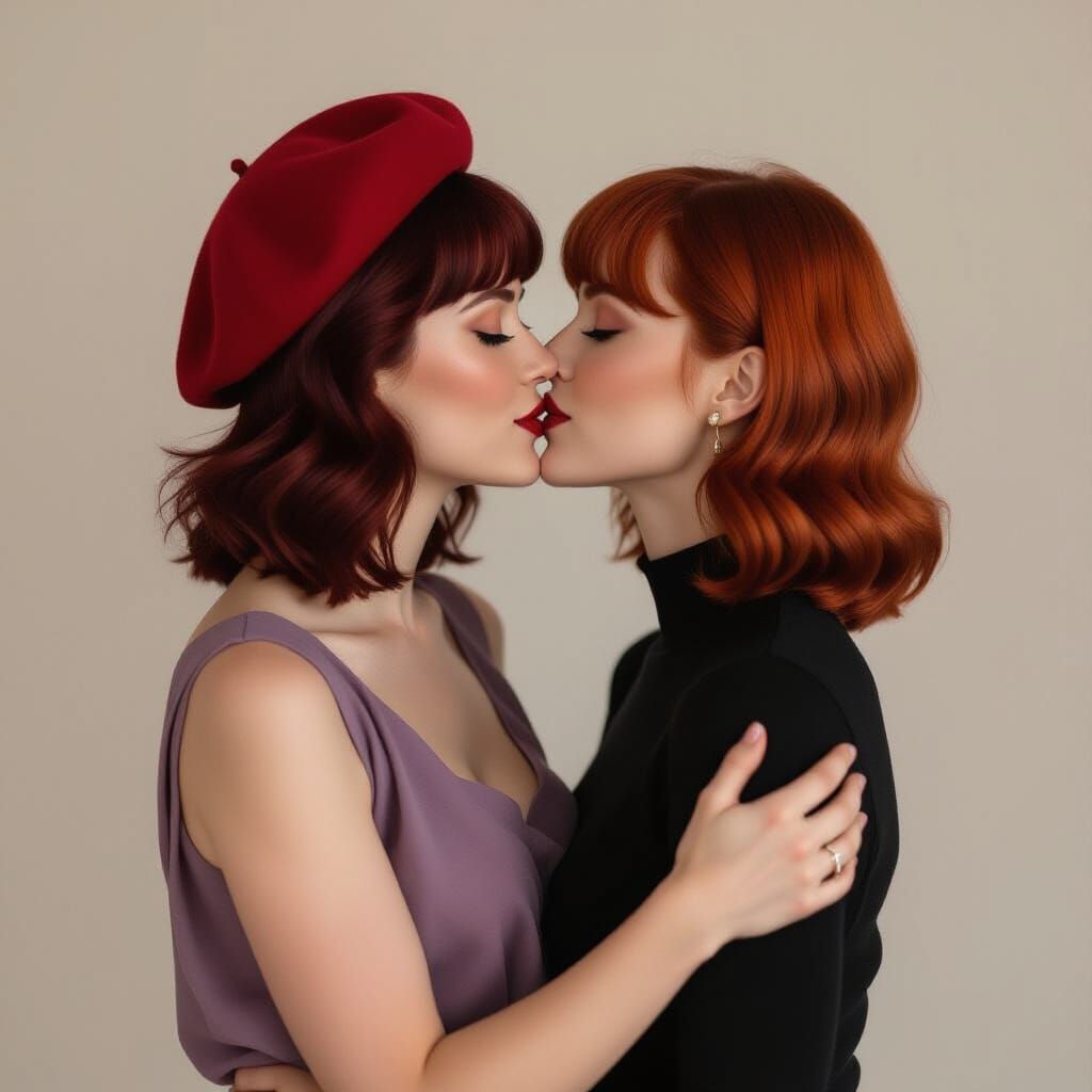 Passionate Kiss Between Two Women in Pastel Studio Portrait