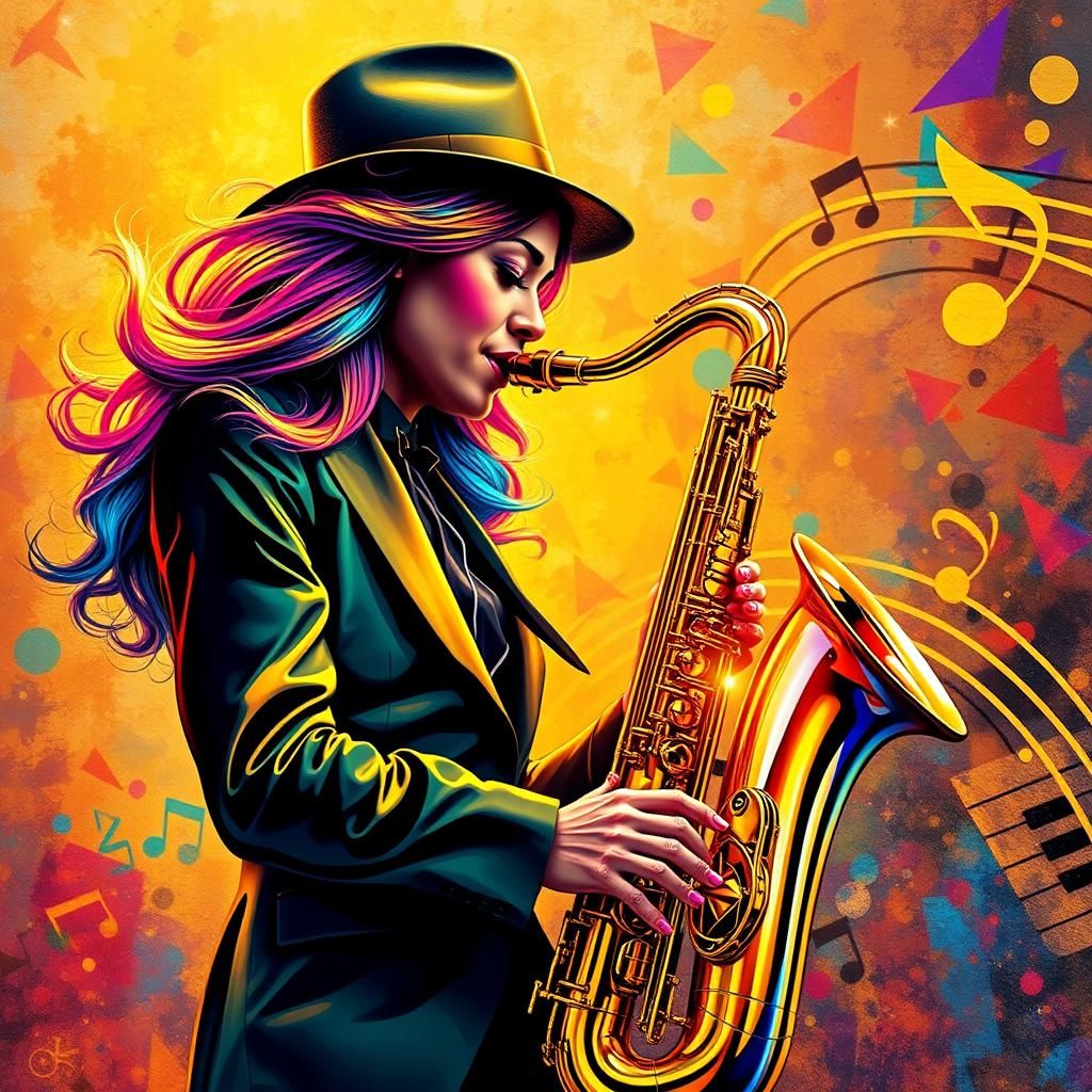 Rainbow Jazz Saxophonist in Dreamlike Graffiti Scene