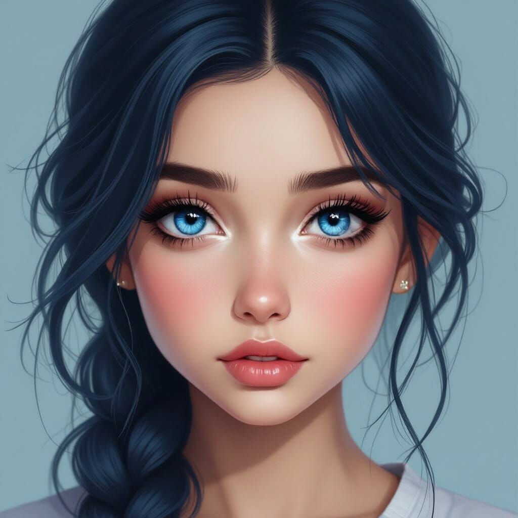 Realistic Portrait of a Girl with Dark Blue Hair and Blue Ey...
