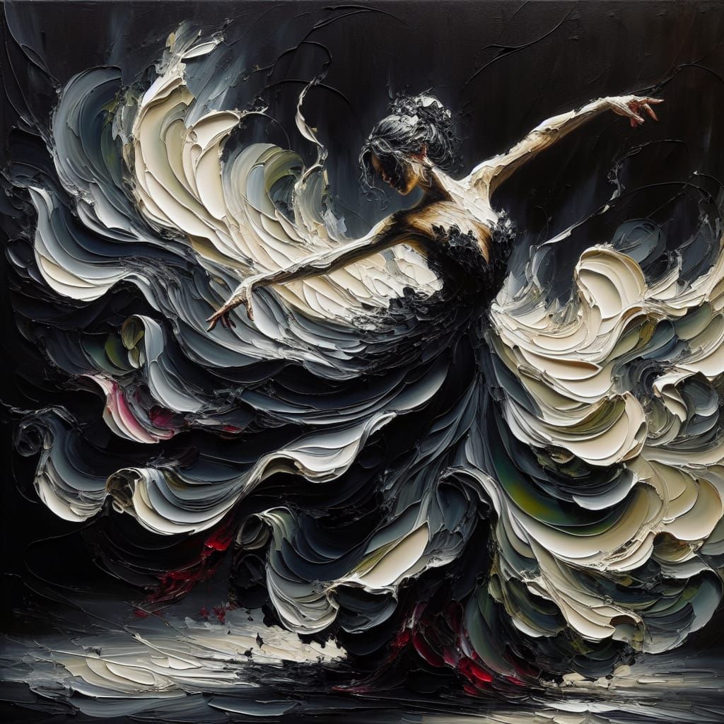 Elegant Woman Dancing in a Dark, Moody Oil Painting