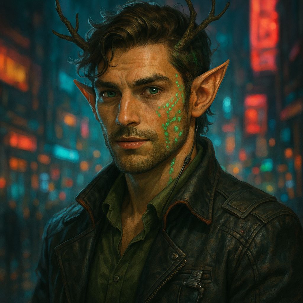 Shadowrun Male Dryad Face in Cyberpunk Style