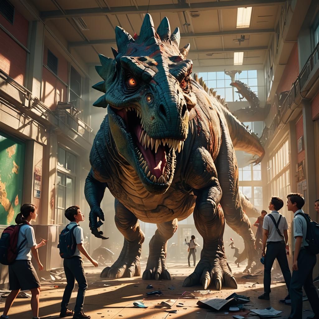 Dinosaur Rampage in School Hallway: Digital Art