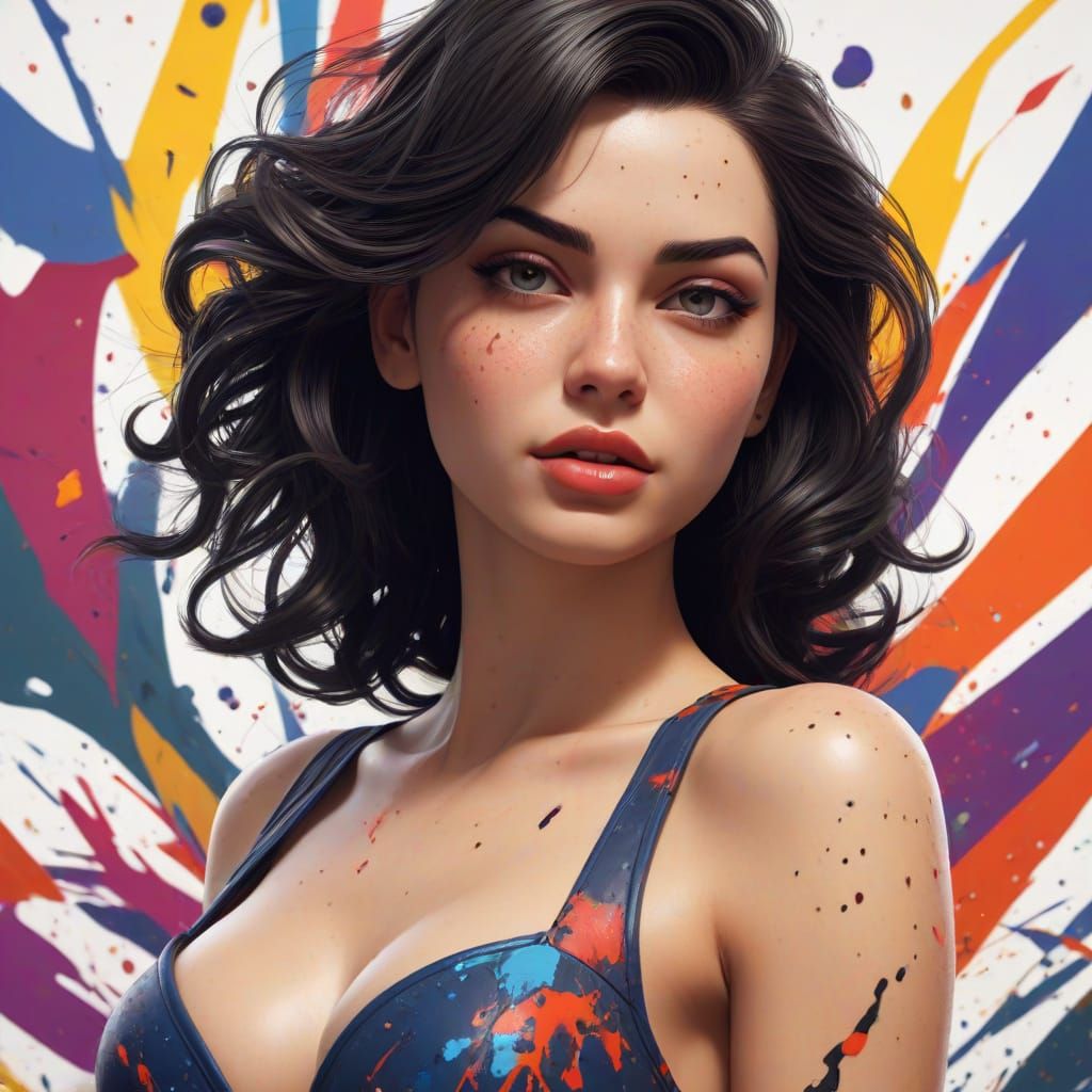 Vibrant Pin-Up Goddess Amidst Abstract Splatters