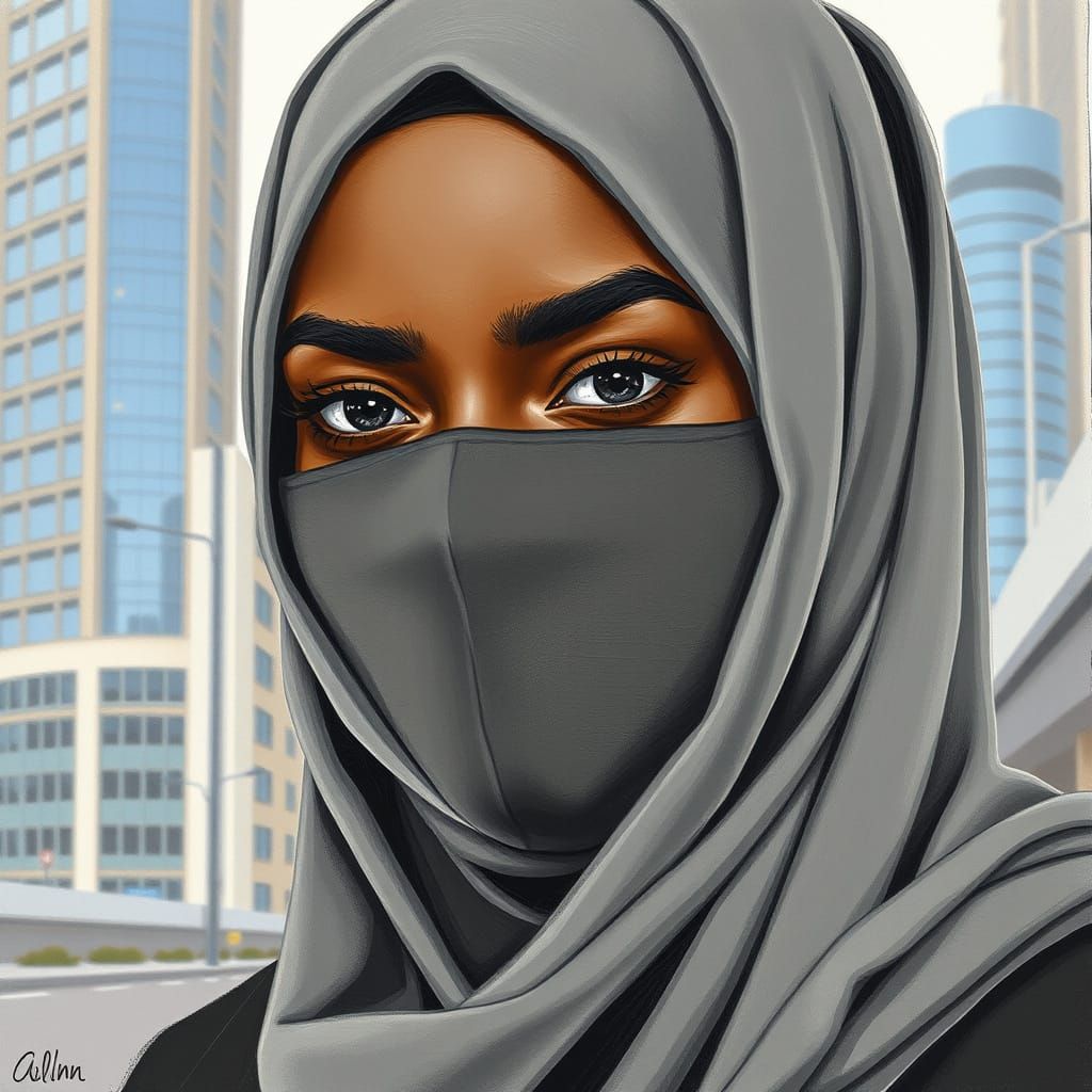 Minimalist Color Pencil Painting of Niqabi Woman