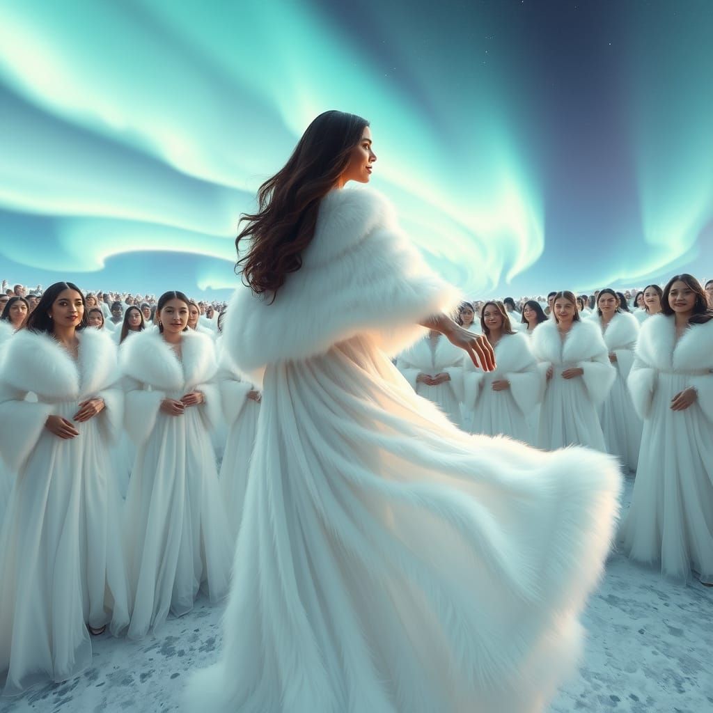 full panoramic sweep of a cheering crowd of pretty ladies in white faux fur maxi-dresses, admiring a passing beautiful c...