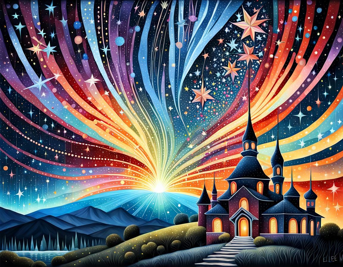 Starry Galaxy Art with Woman Hanging Stars