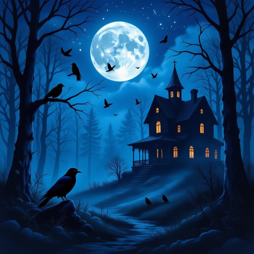 Mystical Forest Painting at Night with Full Moon and Scary H...