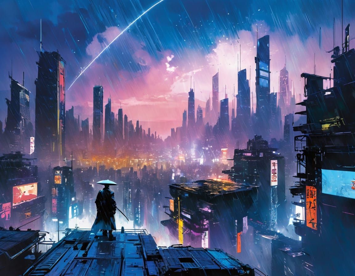 Cyberpunk Cityscape in Neon Rain