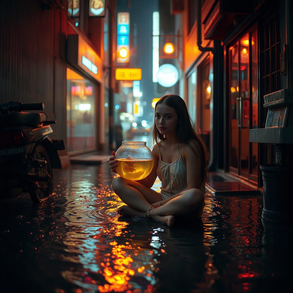 Girl with Glowing Fishbowl in Rainy City Alley