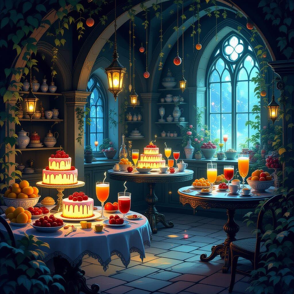 Enchanted Room with Glowing Magical Food