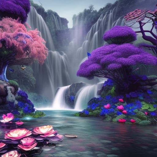 Indigo Dragonfly by River Waterfalls: Detailed Matte Paintin...