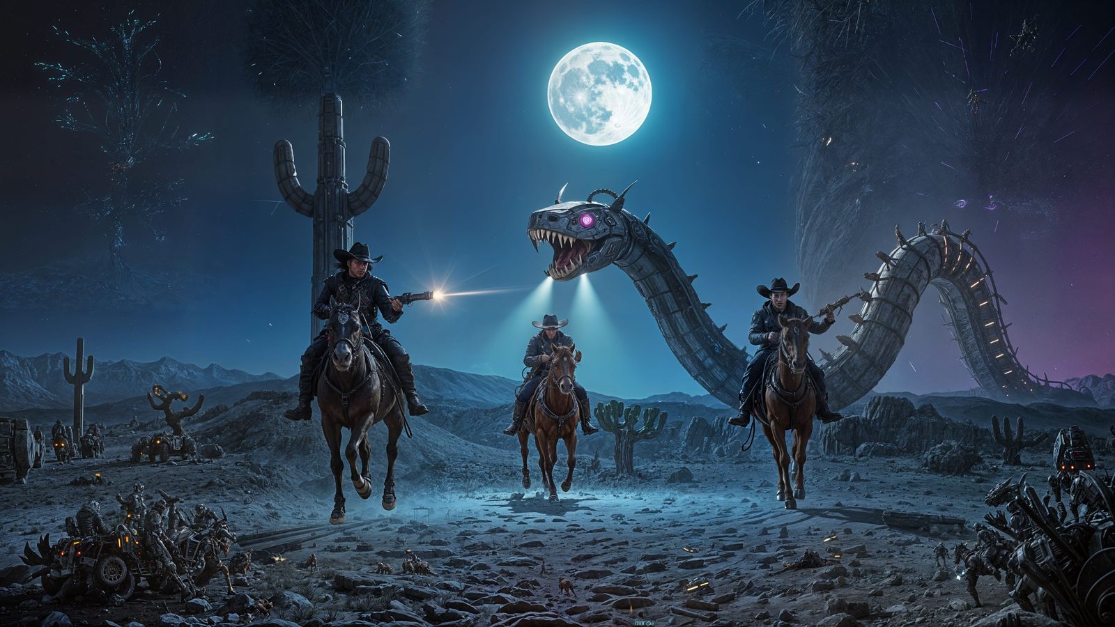 Cyberpunk Cowboys Battle Giant Cactus Rattler