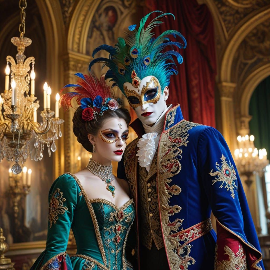 Vampires in Ornate Masquerade Amidst Grand Hall