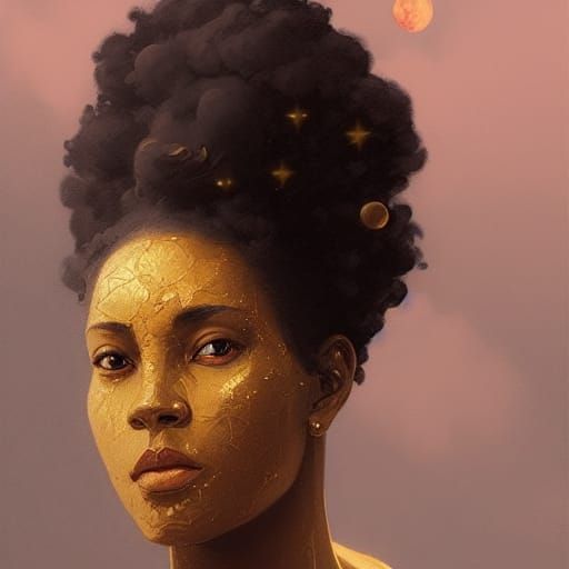 Black Woman with Gold Makeup, Art Nouveau Portrait