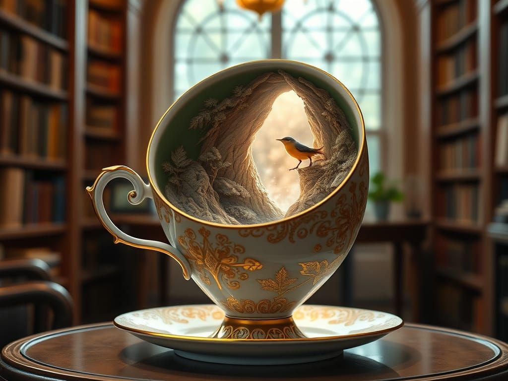 Elegant Porcelain Teacup with Cosmic Portal in Cozy Library
