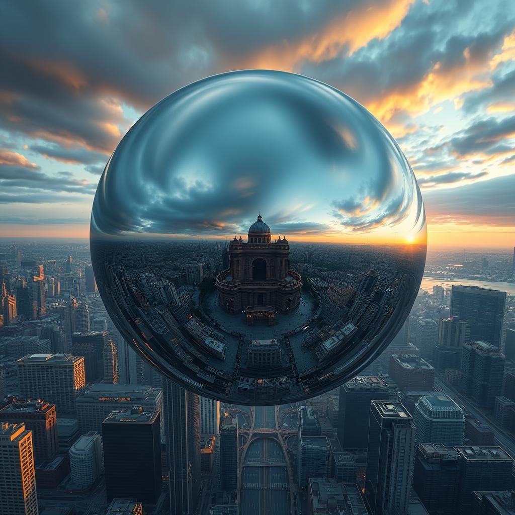Giant Metal Sphere Reflects Cityscape in Surreal Scene