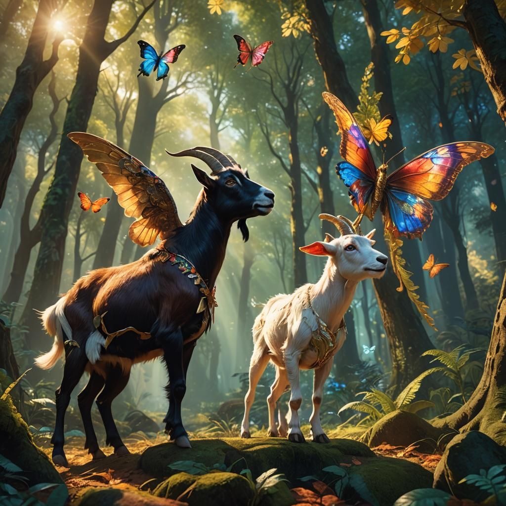 Goat and Dog Playing in Mystical Forest