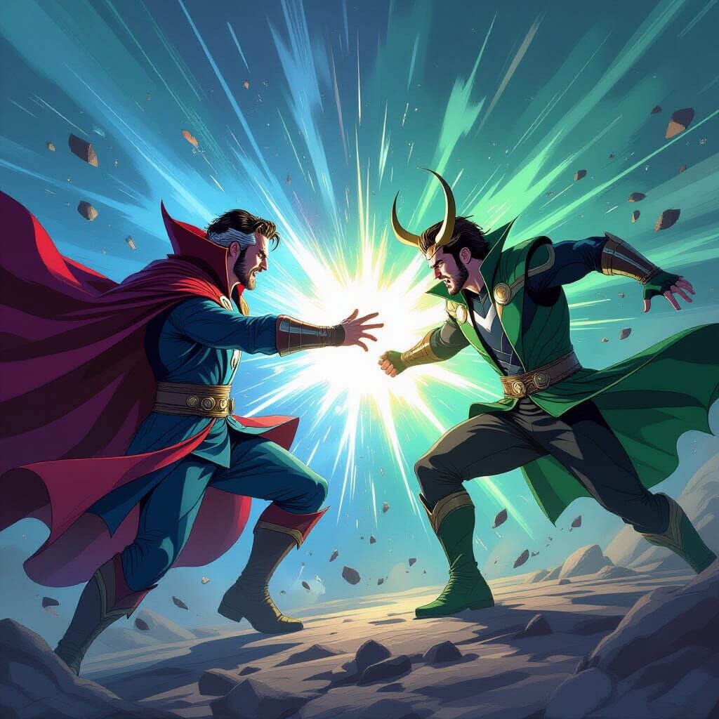 Doctor Strange and Loki Clash in Dynamic Comic Style