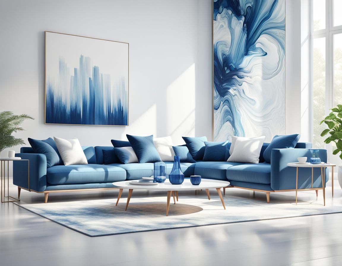 Elegant Modern Furniture in Blue and White: Hyperrealistic A...