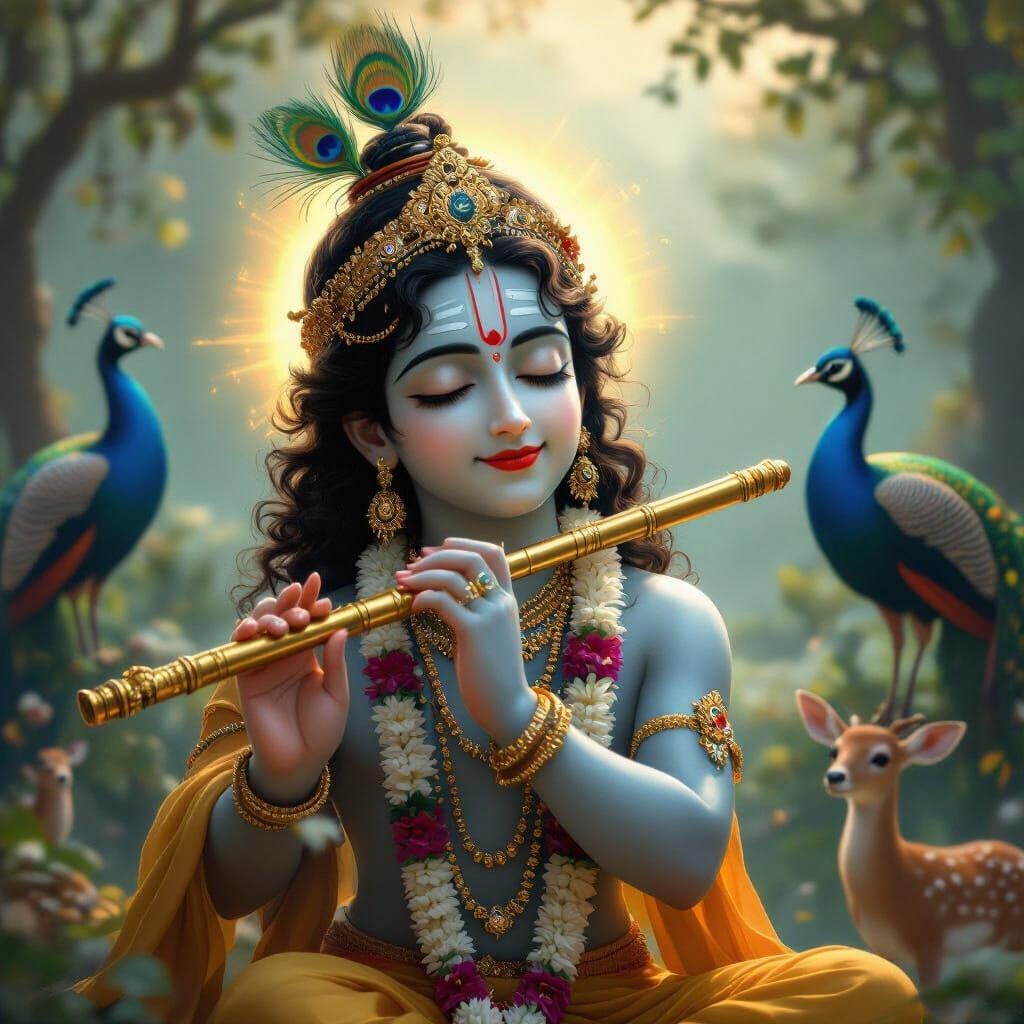 Lord Krishna Plays Flute Amidst Enchanted Nature