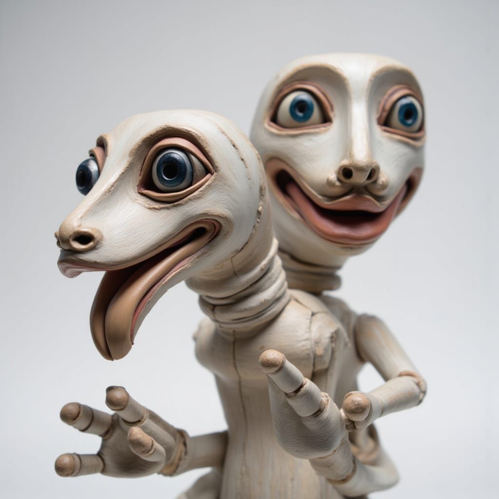 Bizarre Porcelain Puppet with Two Snake Heads